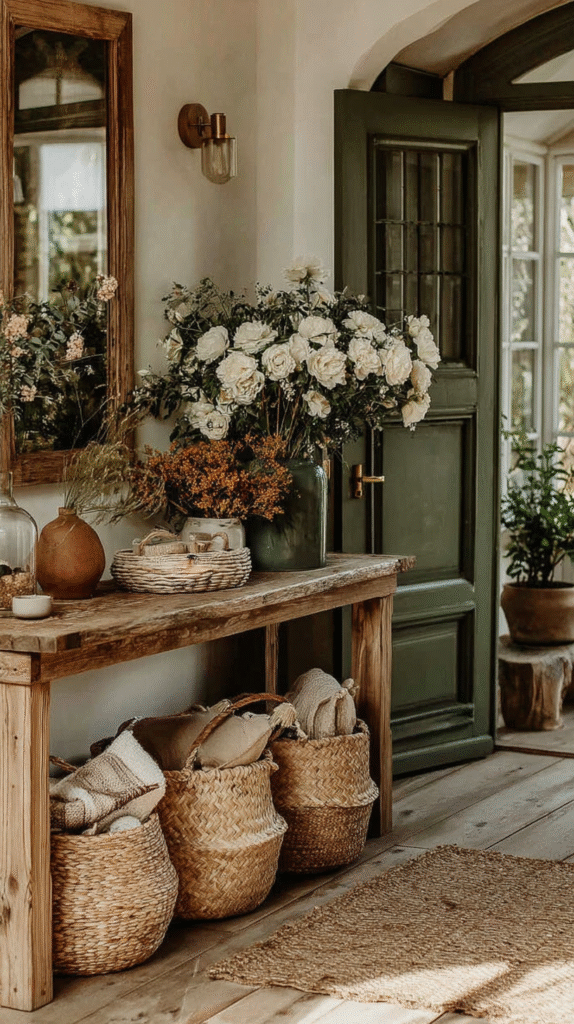 slow-living-home-rooms-entryway Rustic entryway with wooden table, woven baskets, and lush floral arrangements creating a cozy, natural ambiance.