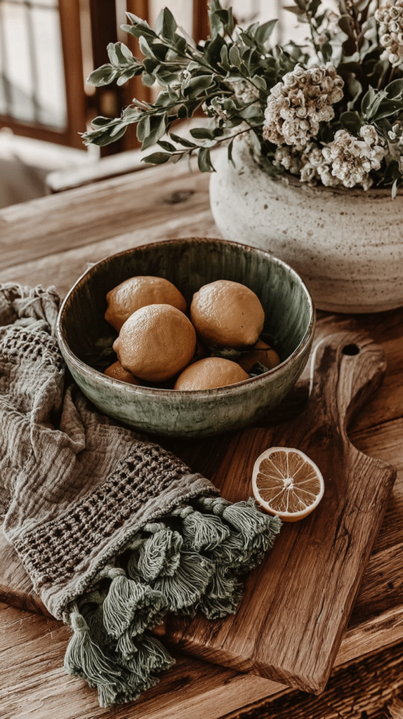 slow-living-home-rooms-kitchen Rustic kitchen scene with lemons in a bowl, a cut lemon on a wooden board, and decorative greenery in a vase.