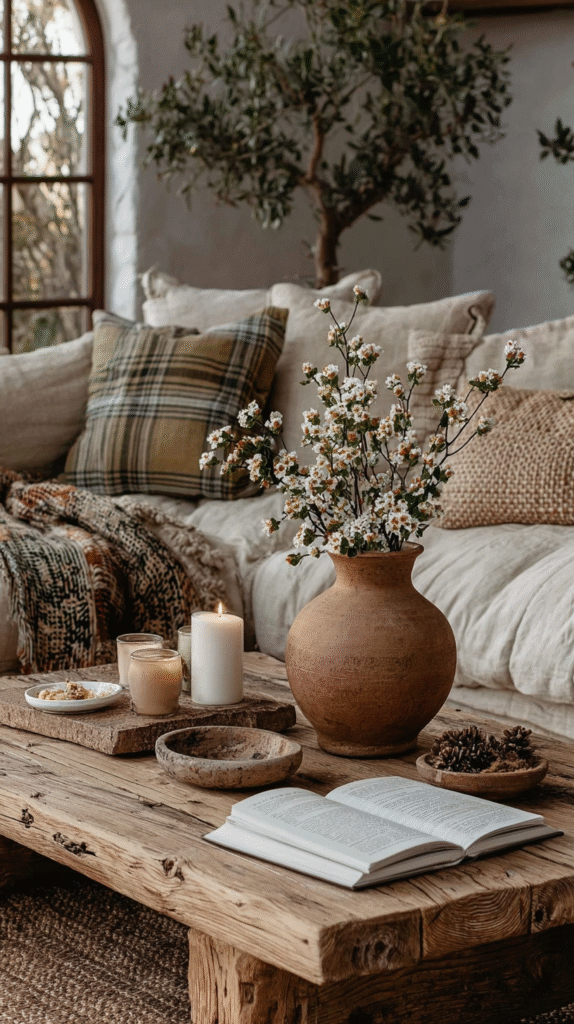 slow-living-home-rooms-living-room Cozy living room with rustic decor, featuring a wooden table with a vase, candles, and cushions on a comfy sofa.
