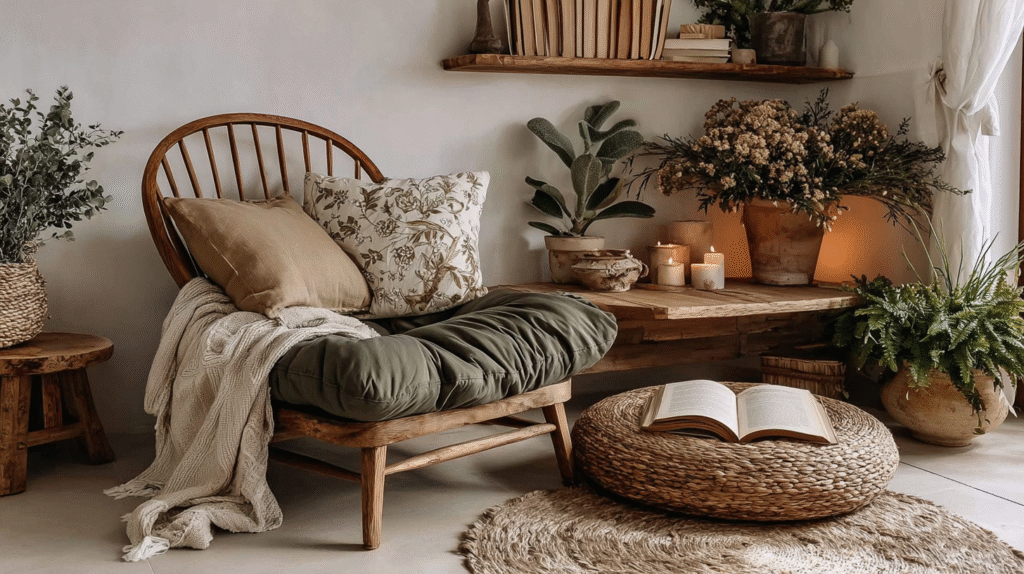 Cozy reading nook with a wooden chair, throw pillows, plants, candles, and an open book on a woven ottoman.