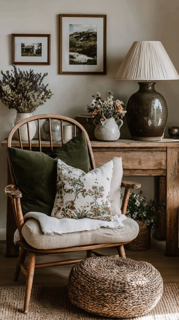 slow-living-home-swaps-antique-furniture Cozy rustic living room with wooden chair, floral cushions, wicker stool, and decorative plants on wooden furniture.