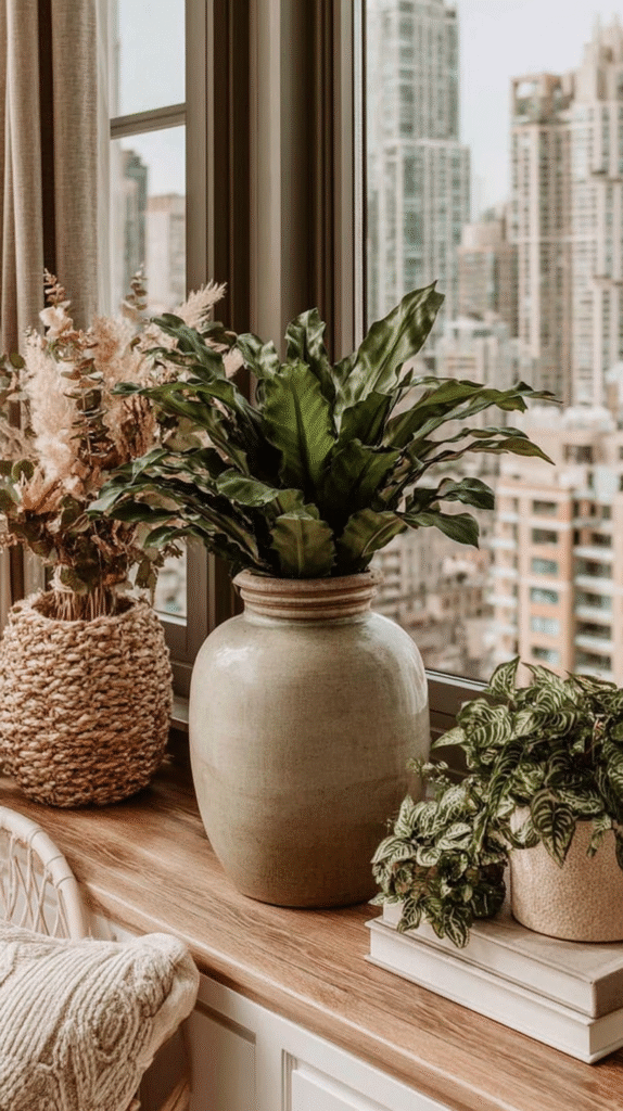 slow-living-home-swaps-plants Indoor plant arrangement by window with city view in background; cozy decor with woven and ceramic pots.