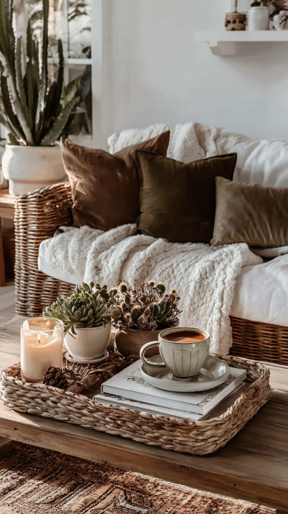 slow-living-home-swaps-quality-items Cozy living room with wicker sofa, plush pillows, warm throw, plants, candle, and coffee on a wooden table.