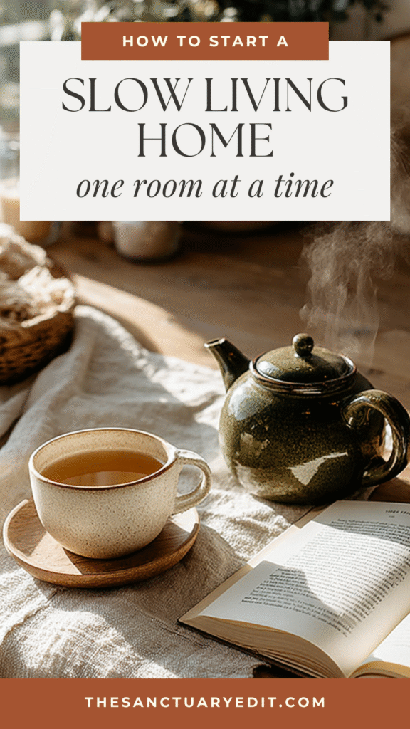 slow-living-home3 Cozy slow living scene with steaming teapot, tea cup, and open book on sunny table. Transform your home easily.