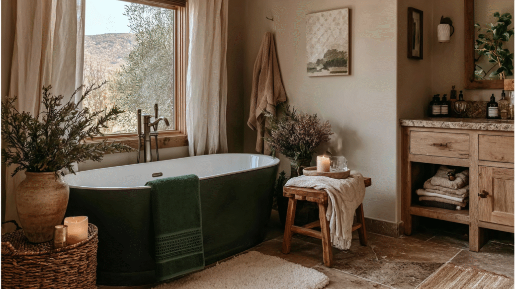 Cozy bathroom with freestanding tub, rustic decor, candles, and window view of nature. Perfect relaxation spot.