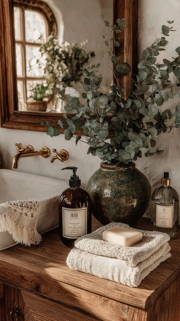 spa-like-bathroom-eucalyptus Rustic bathroom vanity with eucalyptus, towels, soap, and golden faucet, creating a cozy, spa-like ambiance.