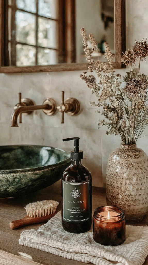 spa-like-bathroom-lighting Elegant bathroom decor with soap dispenser, lit candle, brush, and vintage vase beside a rustic sink and faucet.