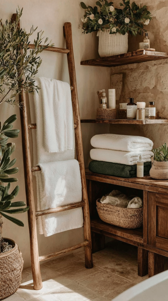 spa-like-bathroom-towels Boho bathroom with wooden ladder, white towels, green plant, and rustic shelves with toiletries and decor. Cozy design.