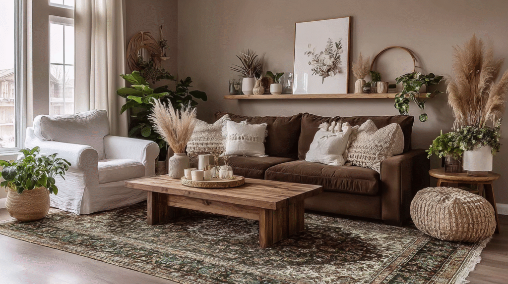 Cozy living room with indoor plants, brown sofa, white armchair, wooden furniture, and decorative accents.