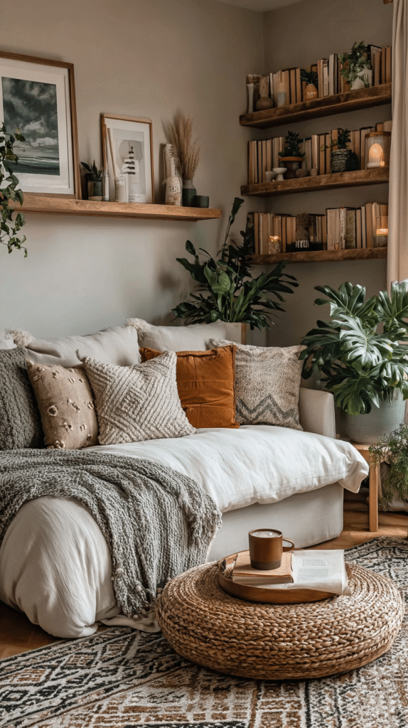 studio-apartment-airy-low-profile Cozy living room with plants, textured pillows, and woven decor creating a warm, inviting ambiance.
