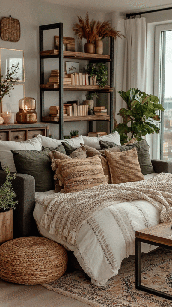 studio-apartment-airy-multifunctional-furniture Cozy boho living room with layered pillows, blankets, and wooden shelves decorated with books and plants near a large window.