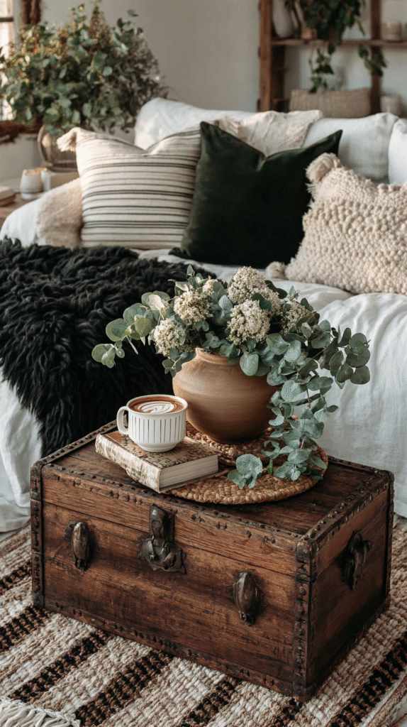studio-apartment-airy-storage Cozy bedroom with rustic chest, potted plant, coffee cup, and textured pillows for a warm, inviting atmosphere.
