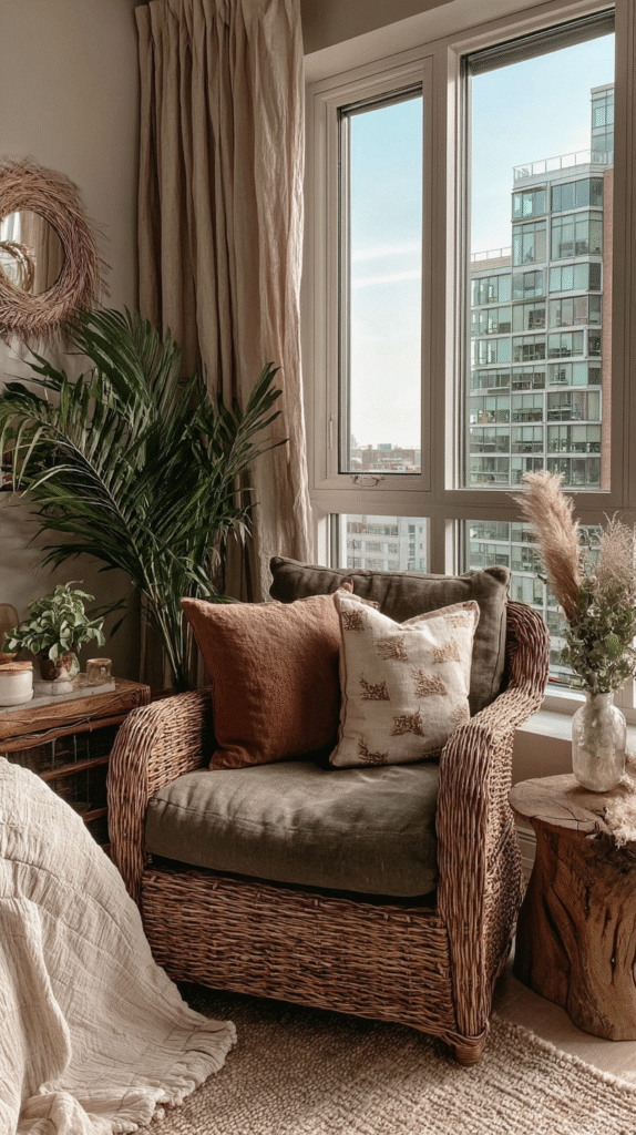 studio-apartment-airy-sunlight Cozy living room with wicker chair, plants, and large window view of modern building.