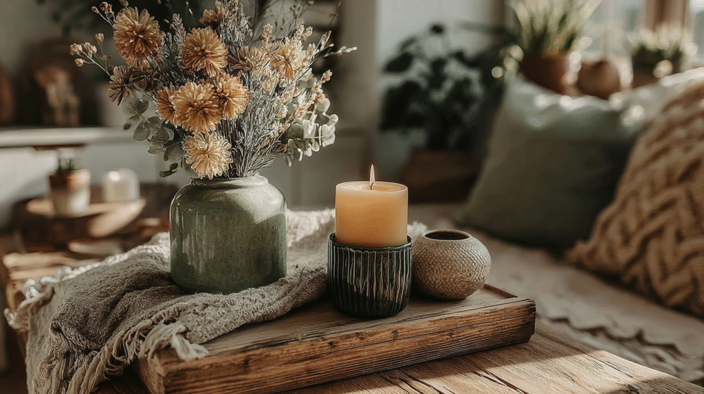 Cozy living room with dried flowers and lit candle on a wooden tray, creating a warm and inviting ambiance.