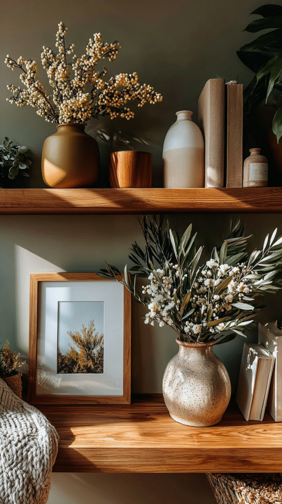 tiny-apartment-sanctuary-essentials Stylish shelf decor with vases, plants, books, and framed photo, creating a cozy, modern interior ambiance.
