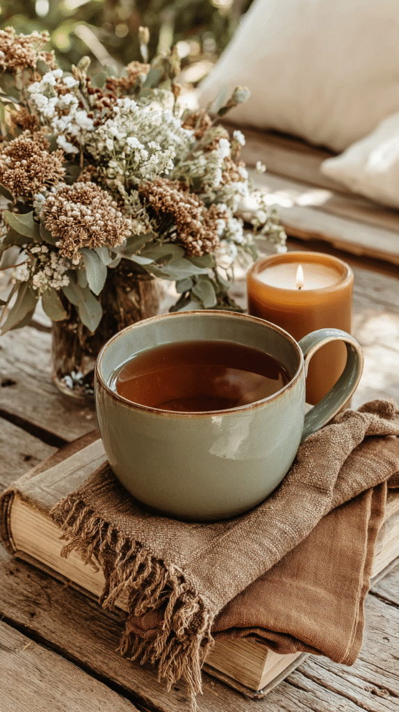 tiny-apartment-sanctuary-habits Cozy coffee moment with a candle and flowers on a rustic table. Autumn vibes and relaxation in a serene outdoor setting.
