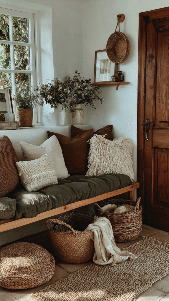 tiny-apartment-sanctuary-storage Cozy boho corner with textured pillows on a wooden bench, woven baskets, and dried plants by a sunlit window.