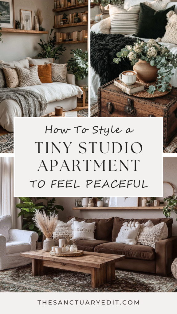 tiny-studio-apartment-ideas2 Cozy studio apartment decor with plants, earthy tones, and rustic accents for a peaceful living space.