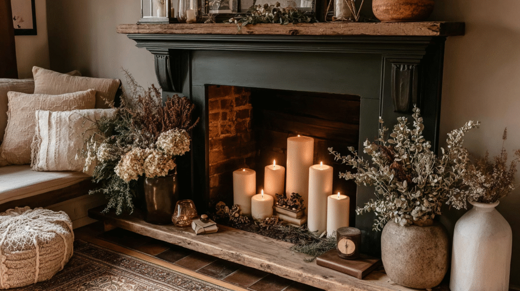 Cozy rustic living room with candles and dried flowers on a fireplace, cushions, and a pouf, creating a warm ambiance.