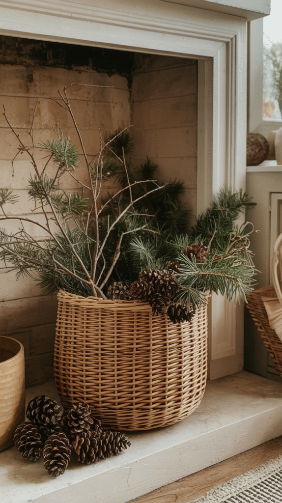 unused-fireplace-ideas-basket Wicker basket filled with pine branches and cones on a fireplace hearth, creating a cozy winter decor.