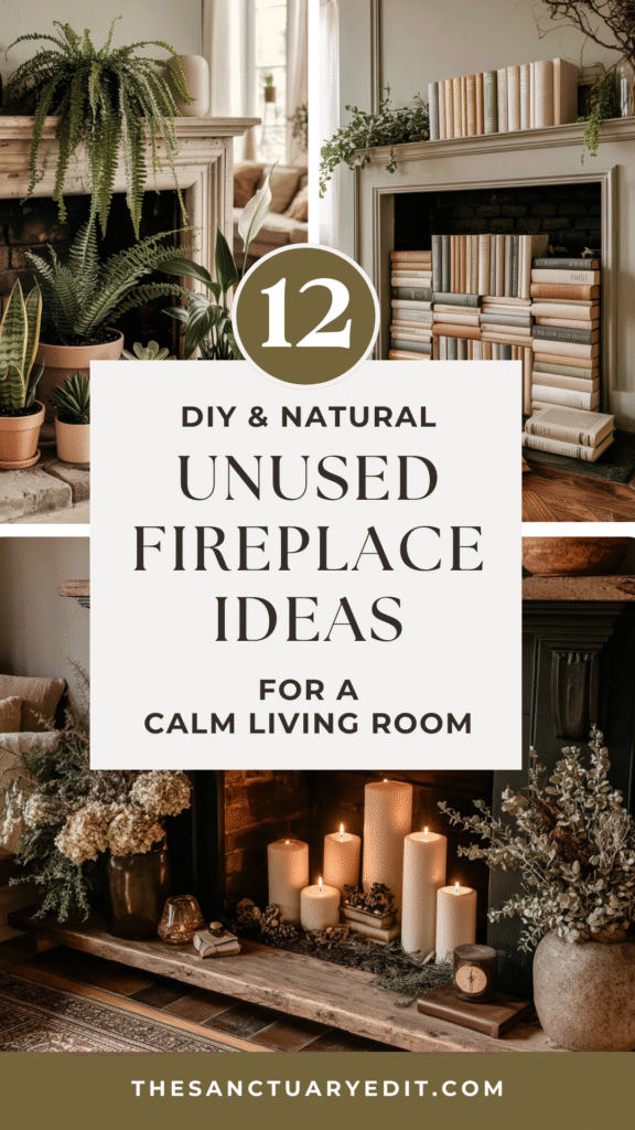 unused-fireplace-ideas-calm-home 12 DIY unused fireplace ideas for creating a natural, calming living room space with plants and books.