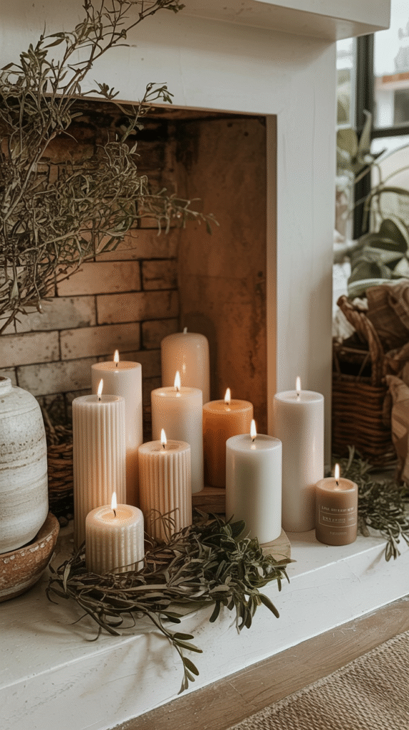unused-fireplace-ideas-candles Cozy scene with lit candle arrangement on a mantel, accented by greenery and a rustic vase. Perfect for home decor ideas.