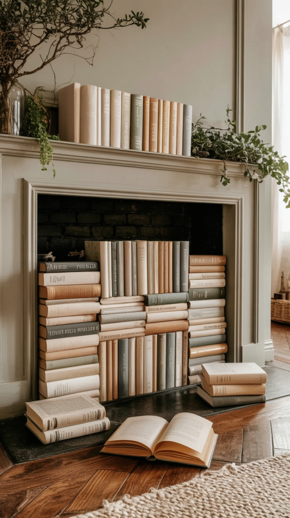 unused-fireplace-ideas-library Stylish fireplace bookshelf with neatly stacked books and greenery in a cozy, sunlit room.