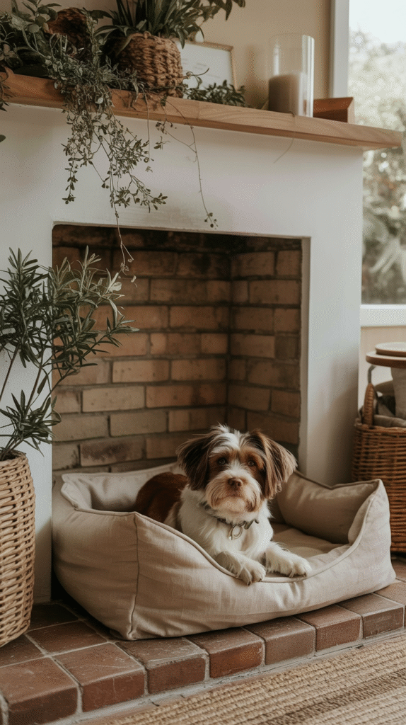 unused-fireplace-ideas-pet-bed Cozy dog resting on a cushion in a brick fireplace nook, surrounded by plants and natural decor.