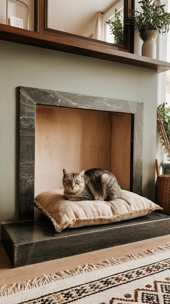 unused-fireplace-ideas-pets Cat lounging on a cushion in a cozy modern fireplace, surrounded by decor and natural light.