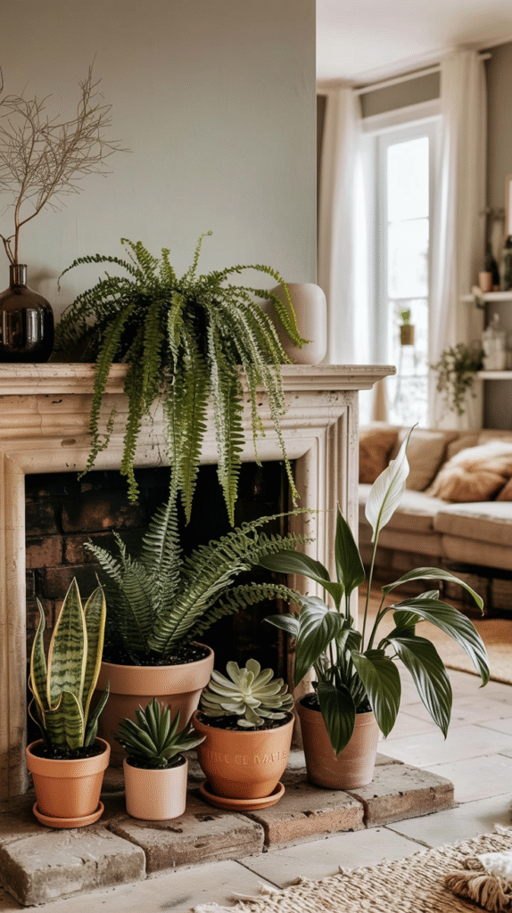 unused-fireplace-ideas-plants Indoor plants on mantel and floor in cozy living room, enhancing natural decor with vibrant greenery and natural light.