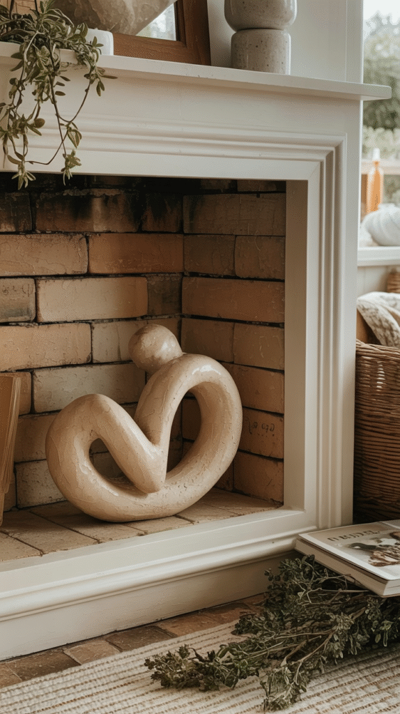 unused-fireplace-ideas-scultpure Cream abstract sculpture on brick fireplace mantel, surrounded by green foliage, creating a cozy decor vibe.
