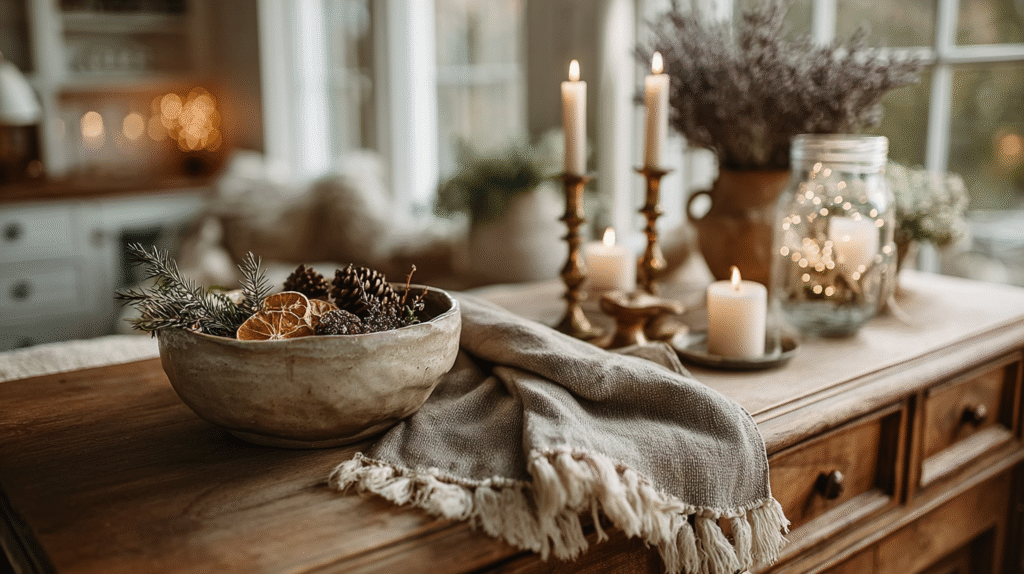 Cozy rustic table setting with candles, pine cones, dried oranges, and a fringed cloth, perfect for a warm ambiance.