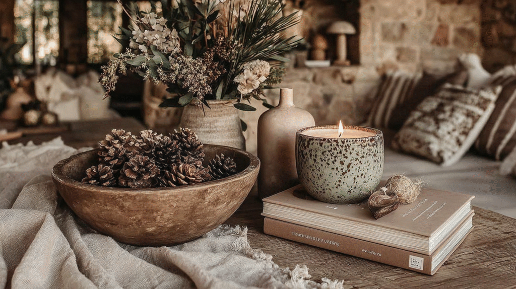 Cozy rustic decor with pinecones, candle, and books, creating a warm and inviting atmosphere in a living room setting.