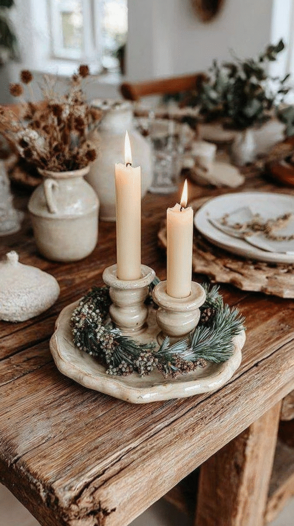 natural-christmas-decor-living-room-candles Cozy rustic table setting with lit candles, pine branch wreath, and ceramic decor for a warm, inviting atmosphere.