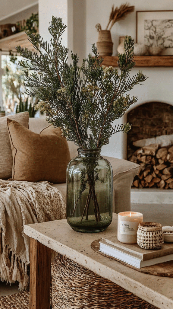 natural-christmas-decor-living-room-evergreen-vase Cozy living room decor with a glass vase of greenery, candles, and rustic accents on a wooden table. Warm, inviting ambiance.