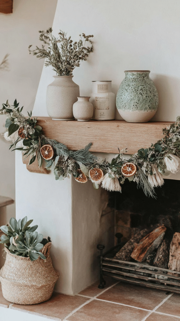 natural-christmas-decor-living-room-garland Rustic mantel with dried garland, ceramic vases, and a woven basket with plant for cozy decor.