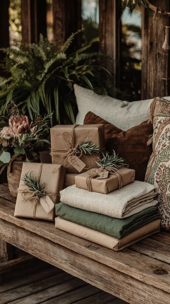 natural-christmas-decor-living-room-gifts Rustic gifts wrapped in brown paper with greenery on a wooden bench, surrounded by cozy pillows and plants.