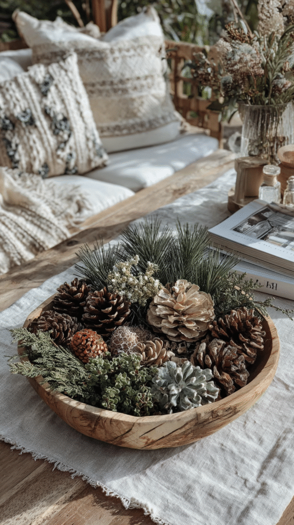 natural-christmas-decor-living-room-pinecones Rustic wooden bowl with pinecones and greenery on a cozy table setting with textured cushions.