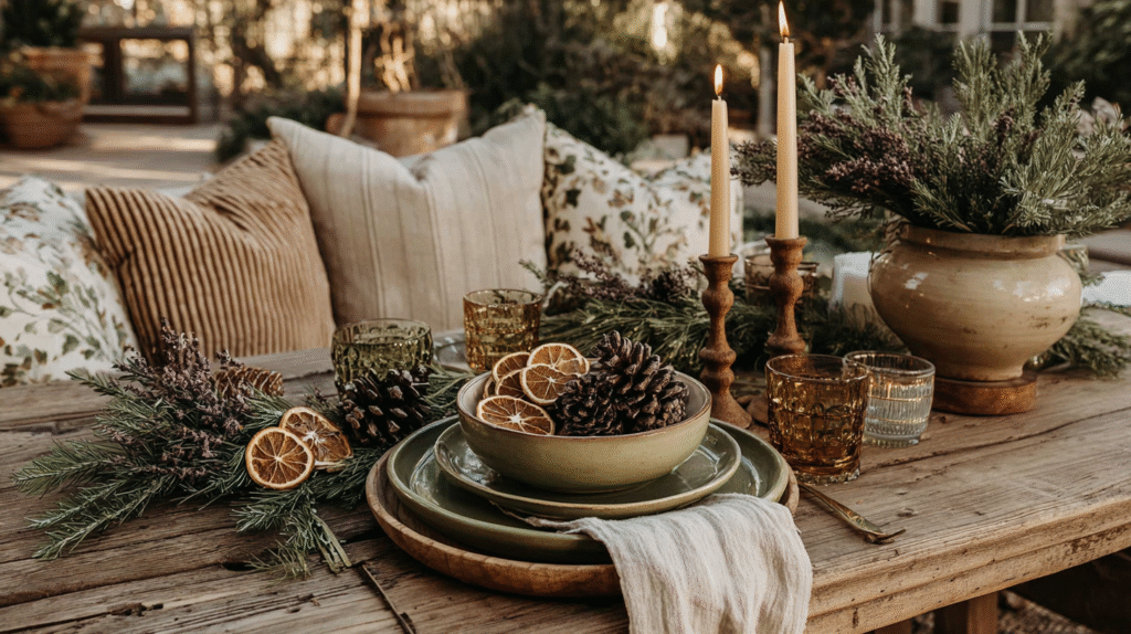 Rustic holiday table setting with pinecones, dried oranges, candles, and greenery on a wooden table. Cozy and inviting.