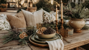 Rustic holiday table setting with pinecones, dried oranges, candles, and greenery on a wooden table. Cozy and inviting.