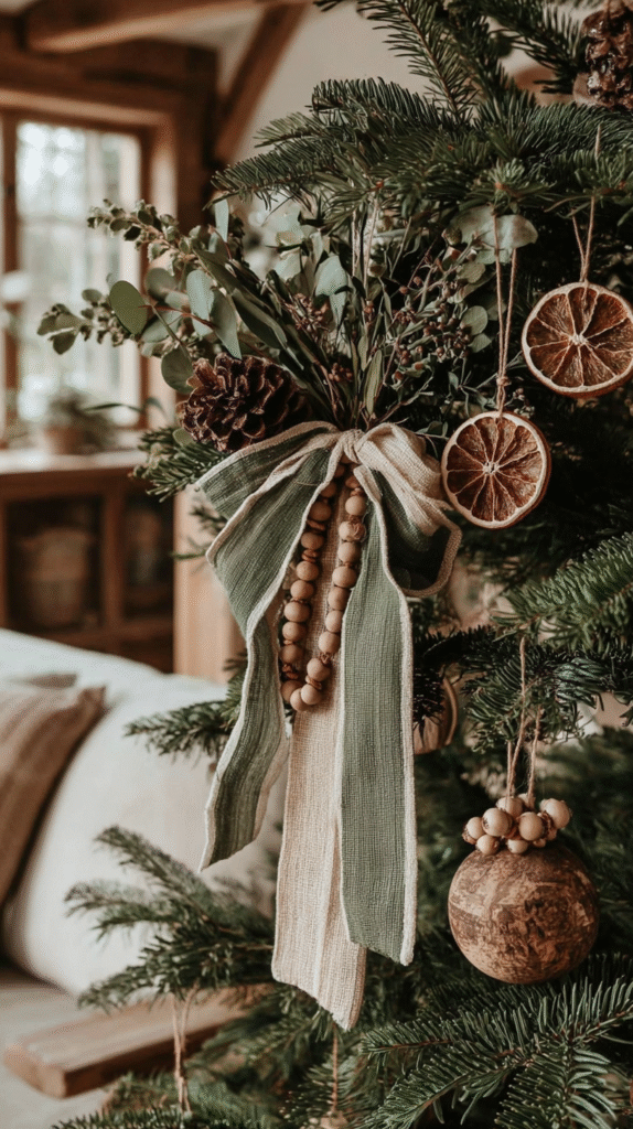 Rustic Christmas tree with pinecones, dried oranges, a green and beige ribbon, and wooden bead garland indoors.