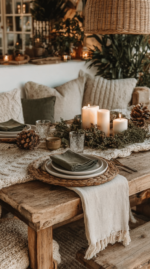 Cozy rustic table setting with candles, pinecones, and greenery on a wooden table, exuding a warm, natural ambiance.