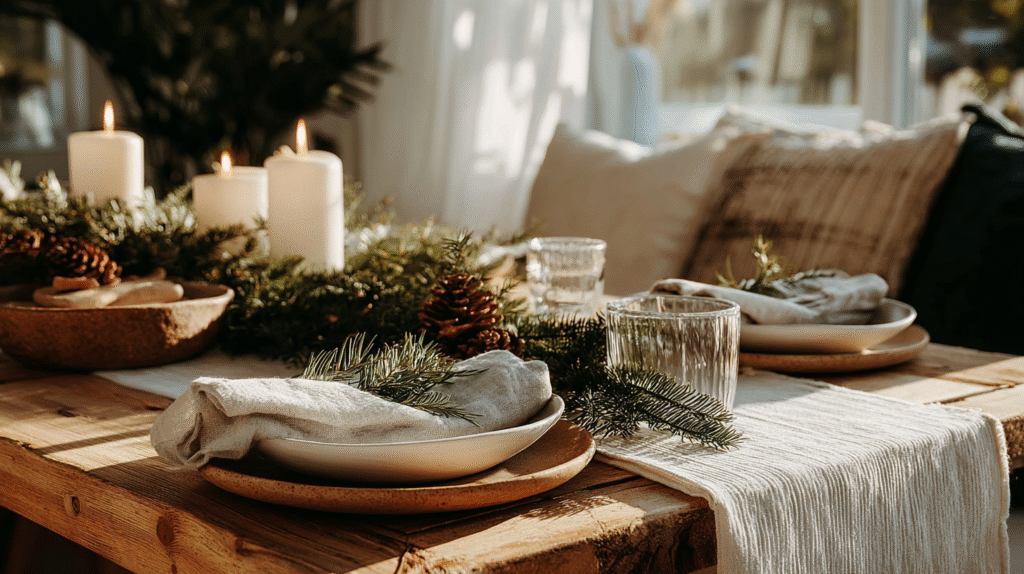 Elegant holiday table setting with pine branches, candles, and warm natural tones for a cozy festive ambiance.