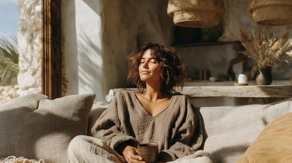 Woman enjoying sunlight indoors, sitting on a cozy sofa with a cup in hand, embracing a serene, rustic setting.