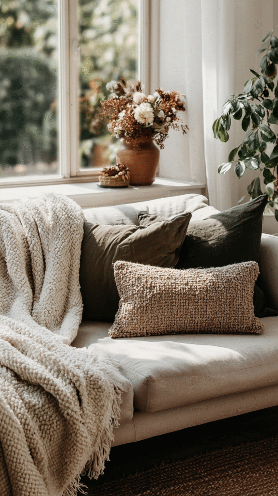 nervous-system-living-room-cozy-textures Cozy living room with beige sofa, textured cushions, throw blanket, and floral vase by sunlit window.