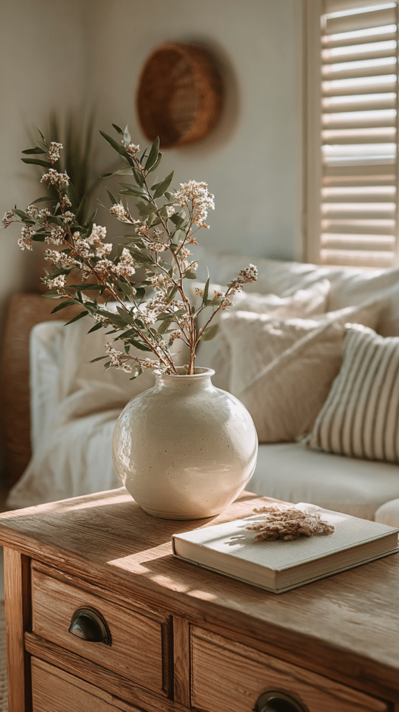 nervous-system-living-room-declutter Elegant ceramic vase with flowers on wooden table in cozy living room, soft light through shutters.