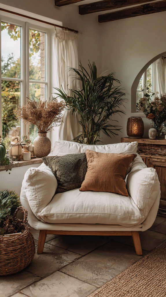 nervous-system-living-room-palette Cozy living room with white armchair, pillows, plants, and natural light. Serene and inviting interior design.