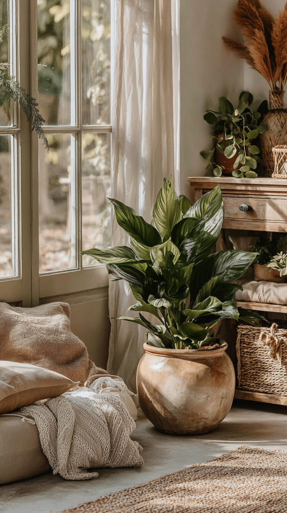 nervous-system-living-room-plants Cozy living room with lush potted plant, sunlight through window, wooden furniture, pillows, and woven basket decor.