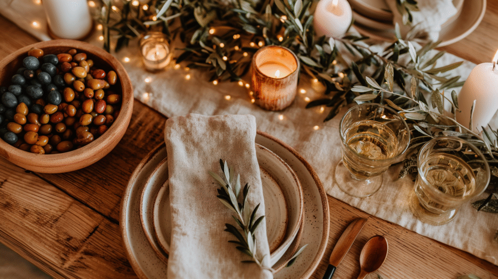 Elegant dinner table with candles, olive branch decor, and wine glasses creating a cozy autumn ambiance.