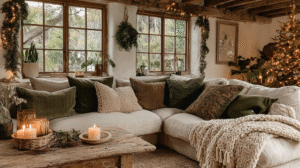 Cozy living room with a sectional sofa, holiday decor, green plants, wood table, and candles by a large window.